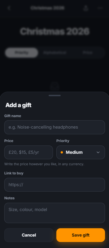 RupertG Wishlists app adding a gift