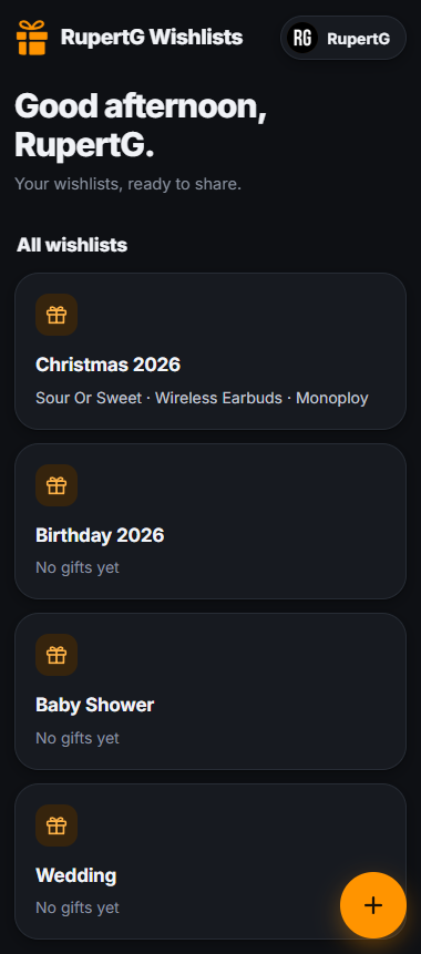 RupertG Wishlists app showing a list of wishlists