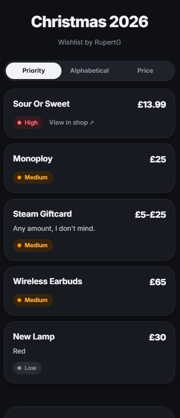 RupertG Wishlists app sorting gifts by priority