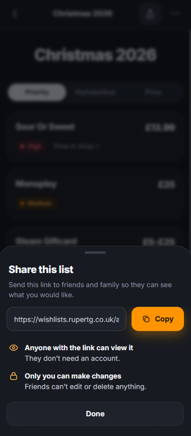 RupertG Wishlists app sharing a list link